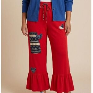 Upcycled Red Pants with Ruffled Hem Sewn on Patchwork, and Matching Ties LG-XL